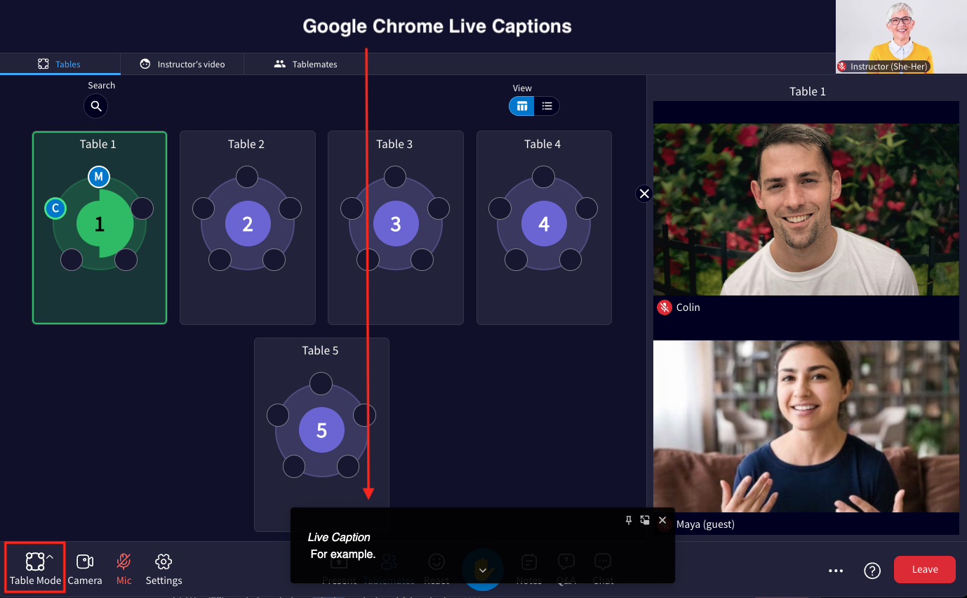 Engageli classroom with Google Chrome captions displayed in Table Mode