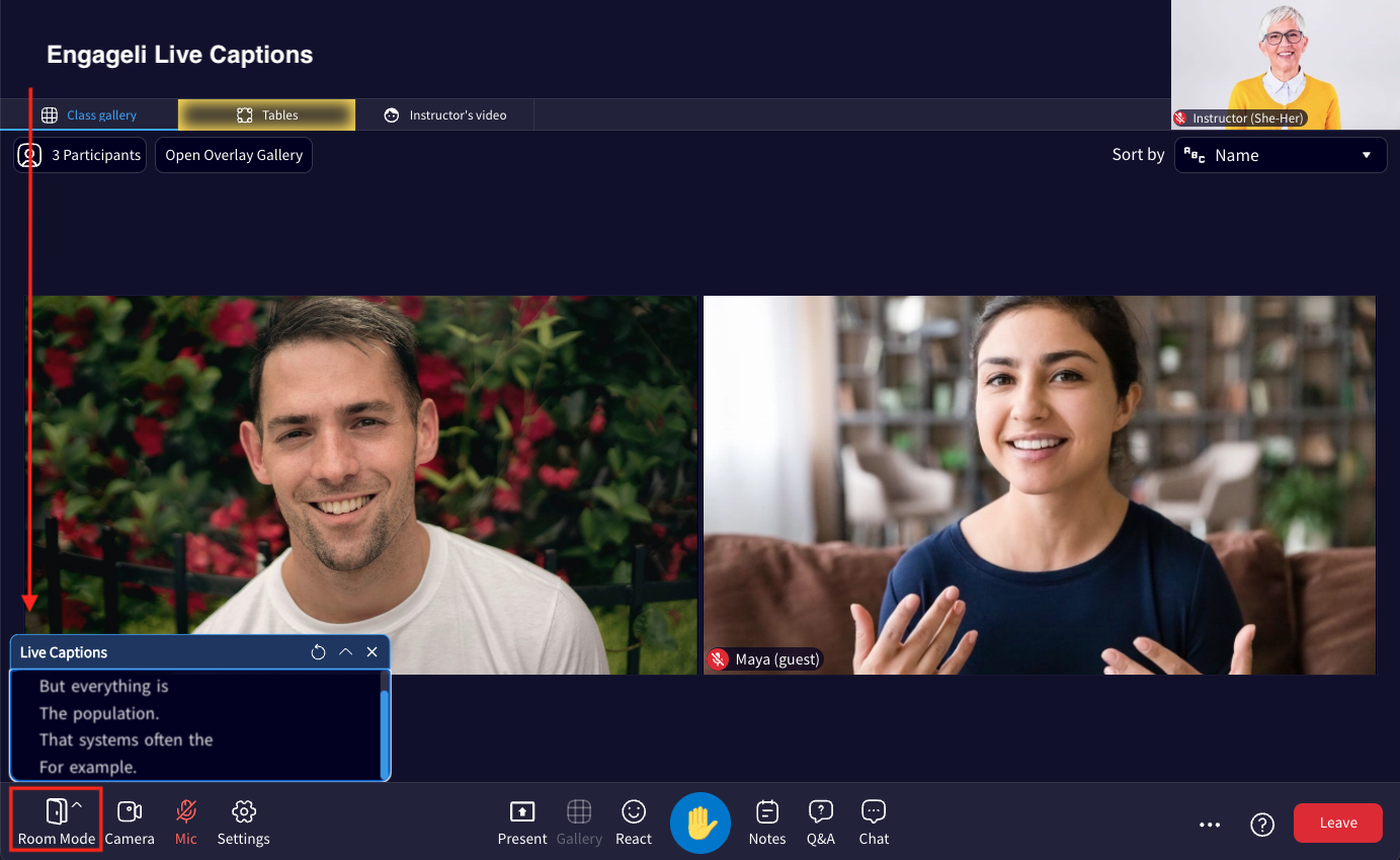 Engageli classroom with Engageli captions displayed in Room Mode